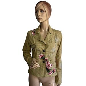 ENTITY Floral Embroidered Blazer Plaid Check Jacket Size Medium